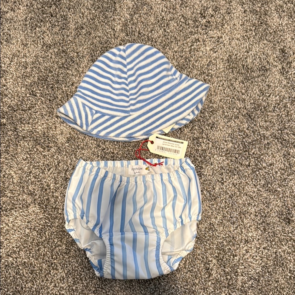 Kissy Kissy & minnow Light Blue and White Striped Hat and Diaper Cover Set